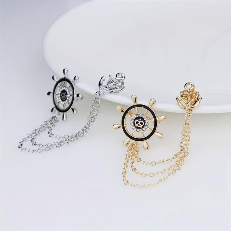 Men's Crystal Rhinestone Brooch Collar Pin Rudder Anchor Shirt Buckle