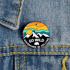 Sunset Snow Mountain Flying Bird Brooch Alloy Enamel Cowboy Badge