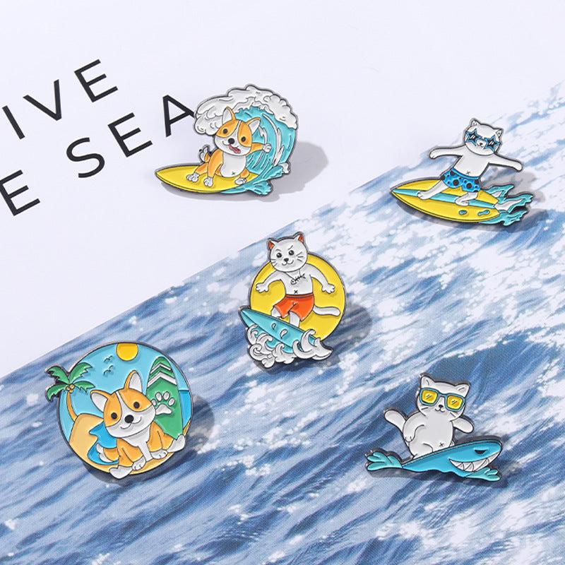 Flexible Kitten Surfing Animal Brooch