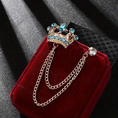 Men's Wedding Crystal Crown Brooch Tassel Chain Lapel Pin Suit Accessory