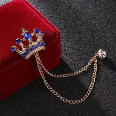 Men's Wedding Crystal Crown Brooch Tassel Chain Lapel Pin Suit Accessory