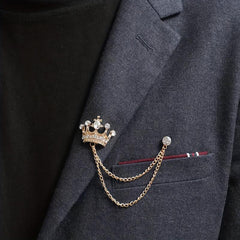 Men's Wedding Crystal Crown Brooch Tassel Chain Lapel Pin Suit Accessory