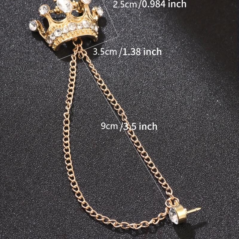 Men's Wedding Crystal Crown Brooch Tassel Chain Lapel Pin Suit Accessory
