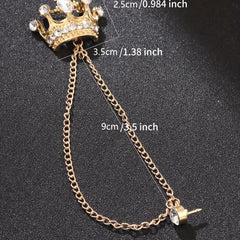 Men's Wedding Crystal Crown Brooch Tassel Chain Lapel Pin Suit Accessory