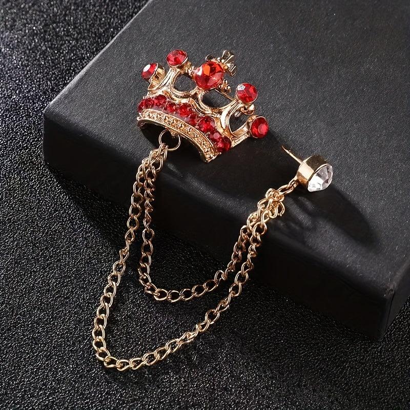 Men's Wedding Crystal Crown Brooch Tassel Chain Lapel Pin Suit Accessory