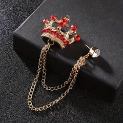 Men's Wedding Crystal Crown Brooch Tassel Chain Lapel Pin Suit Accessory