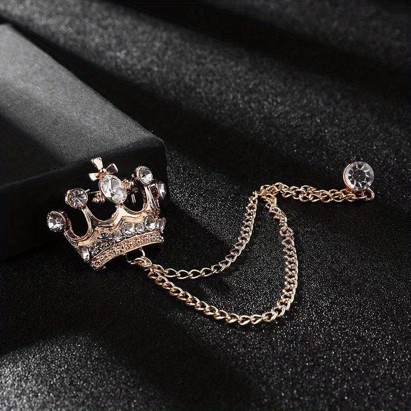 Men's Wedding Crystal Crown Brooch Tassel Chain Lapel Pin Suit Accessory