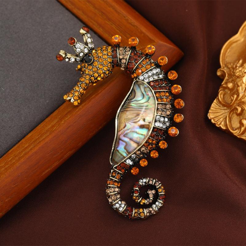 Vintage Shell Rhinestone Seahorse Enamel Pins Badges Classic Sea Animal