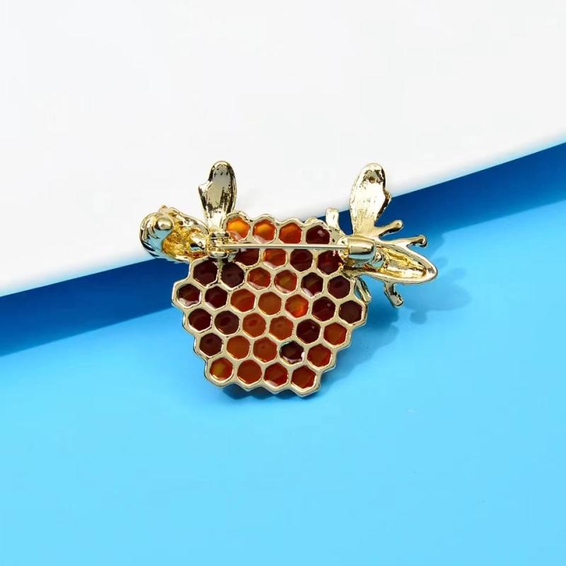 Enamel Honeycomb Bees Brooch Rhinestone Insects Corsage Pin
