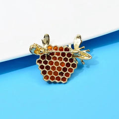 Enamel Honeycomb Bees Brooch Rhinestone Insects Corsage Pin