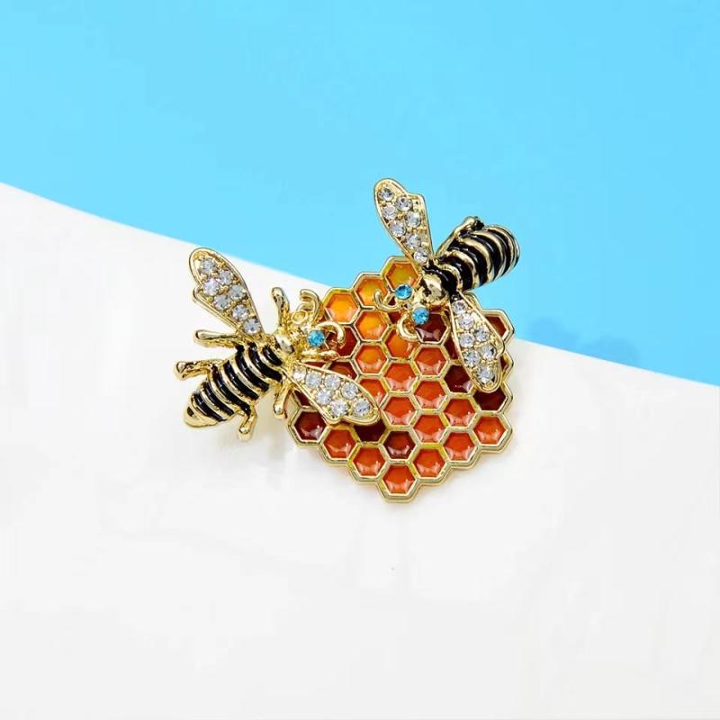 Enamel Honeycomb Bees Brooch Rhinestone Insects Corsage Pin