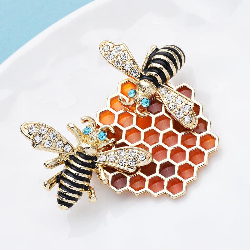 Enamel Honeycomb Bees Brooch Rhinestone Insects Corsage Pin