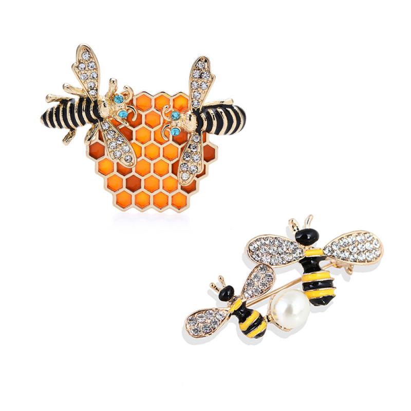 Enamel Honeycomb Bees Brooch Rhinestone Insects Corsage Pin