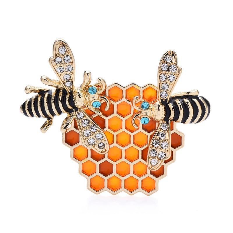 Enamel Honeycomb Bees Brooch Rhinestone Insects Corsage Pin