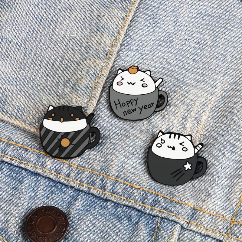 Cat & Coffee Cup Brooch Cat Badge Collar Pin for Men