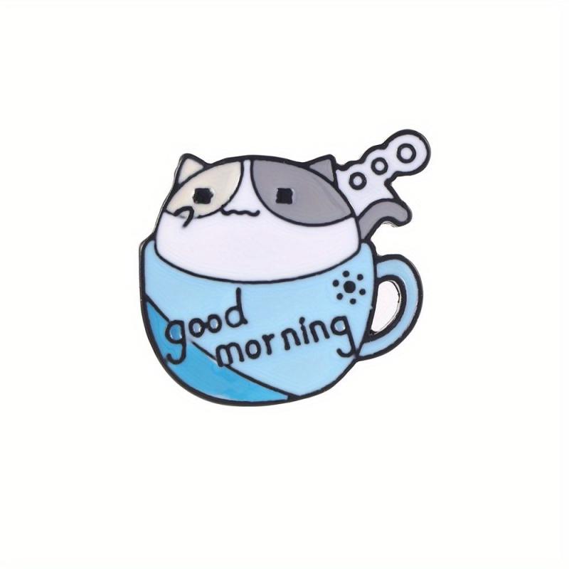 Cat & Coffee Cup Brooch Cat Badge Collar Pin for Men