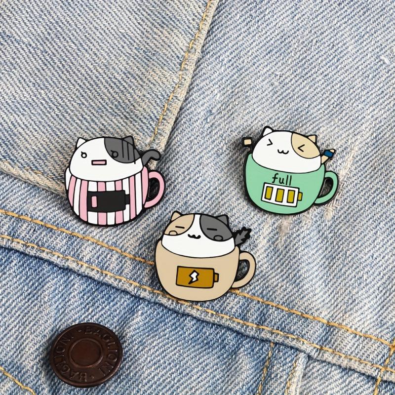 Cat & Coffee Cup Brooch Cat Badge Collar Pin for Men