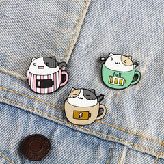 Cat & Coffee Cup Brooch Cat Badge Collar Pin for Men