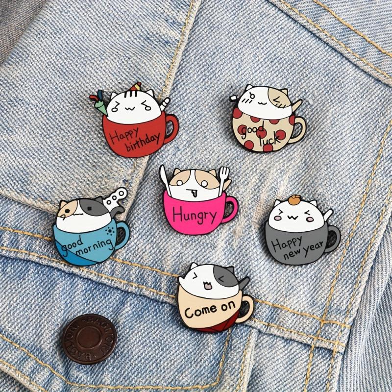 Cat & Coffee Cup Brooch Cat Badge Collar Pin for Men