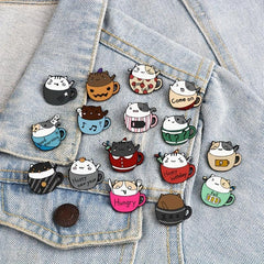 Cat & Coffee Cup Brooch Cat Badge Collar Pin for Men