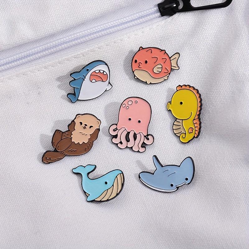 5pcs Cartoon Ocean Animal Brooches Men Shark Whale Seahorse Pufferfish Jellyfish