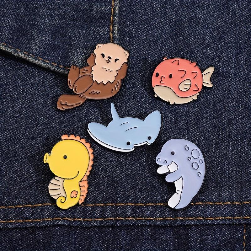 5pcs Cartoon Ocean Animal Brooches Men Shark Whale Seahorse Pufferfish Jellyfish
