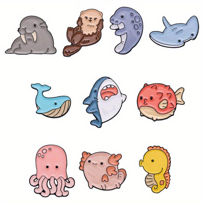 5pcs Cartoon Ocean Animal Brooches Men Shark Whale Seahorse Pufferfish Jellyfish