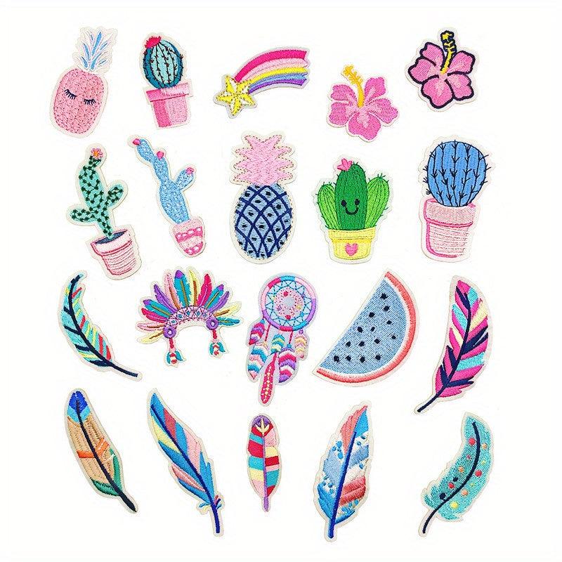 20pcs Cactus Feather Iron On Patches For Men Sew On Embroidered Applique