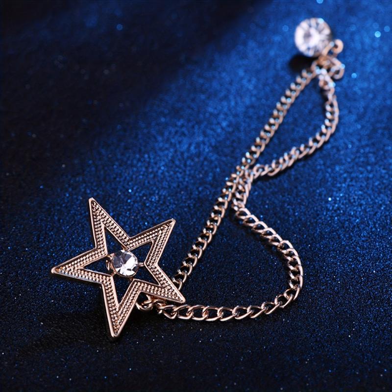 Star Tassel Chain Collar Pins Pentagram Brooch Men's Rhinestone