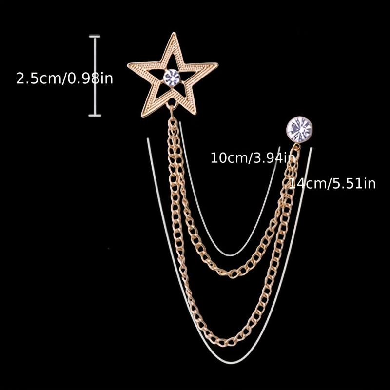 Star Tassel Chain Collar Pins Pentagram Brooch Men's Rhinestone