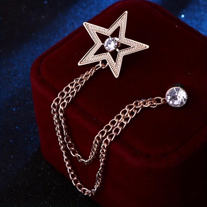 Star Tassel Chain Collar Pins Pentagram Brooch Men's Rhinestone
