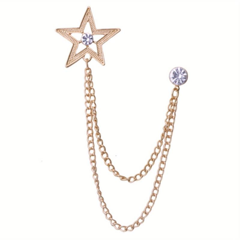 Star Tassel Chain Collar Pins Pentagram Brooch Men's Rhinestone