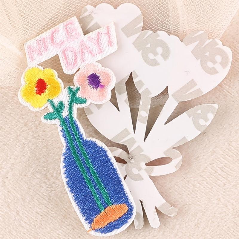 6pcs Flower Vase Embroidered Iron on Patch DIY Decorative Clothes Pants Holes