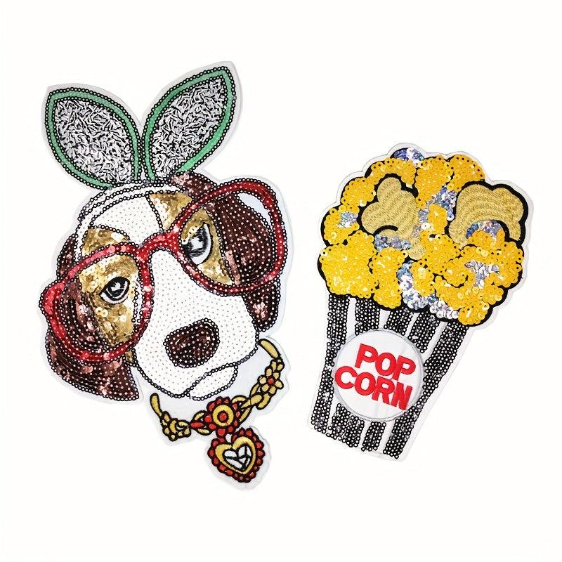 2pcs Big Dog Pop Corn Iron On Sequin Patches Sew On Embroidered Applique