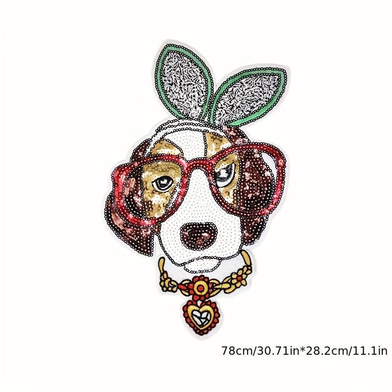 2pcs Big Dog Pop Corn Iron On Sequin Patches Sew On Embroidered Applique