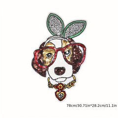 2pcs Big Dog Pop Corn Iron On Sequin Patches Sew On Embroidered Applique