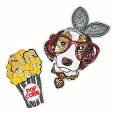 2pcs Big Dog Pop Corn Iron On Sequin Patches Sew On Embroidered Applique