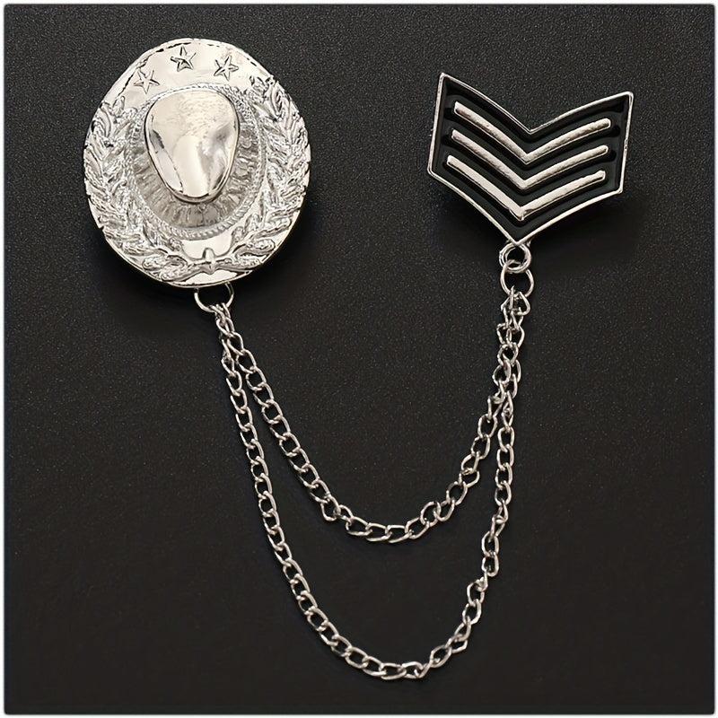 Double Layer Tassel Chain Brooch Western Cowboy Hat Shape Corsage Suit Accessori