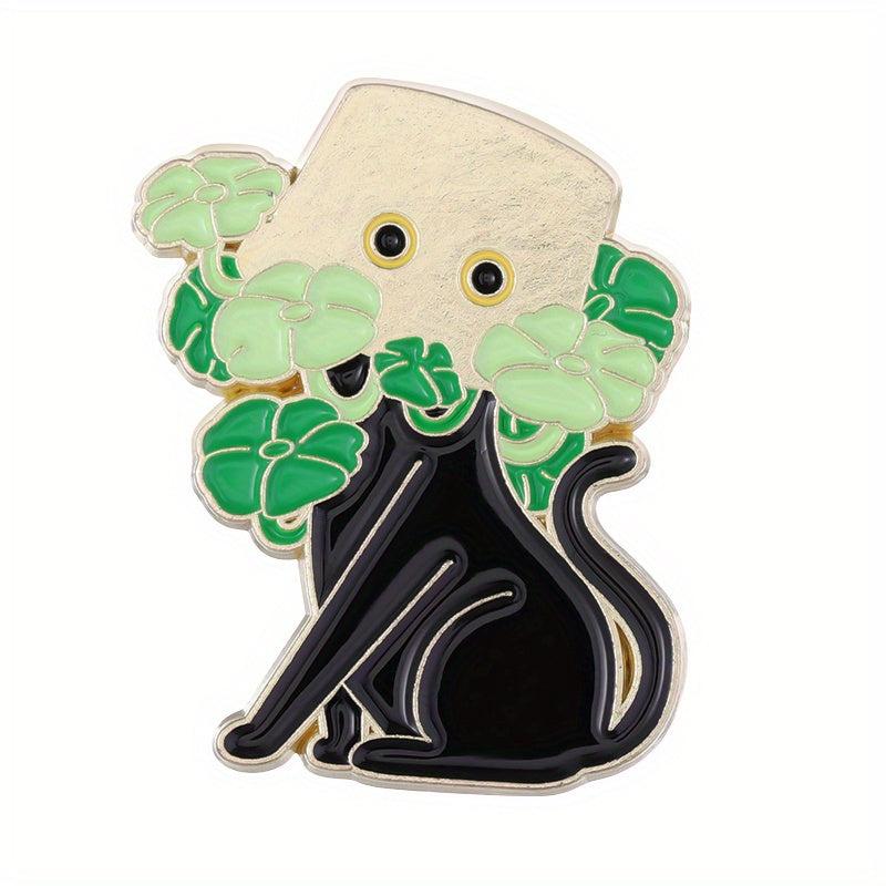 Cat Plant Enamel Pin Green Brooch Flower Jewelry Metal Lapel Pin