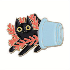 Cat Plant Enamel Pin Green Brooch Flower Jewelry Metal Lapel Pin