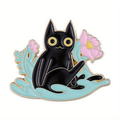 Cat Plant Enamel Pin Green Brooch Flower Jewelry Metal Lapel Pin