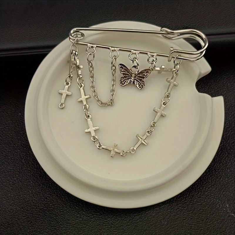 Butterfly Cross Chain Brooch Minimalist Tassel Pin