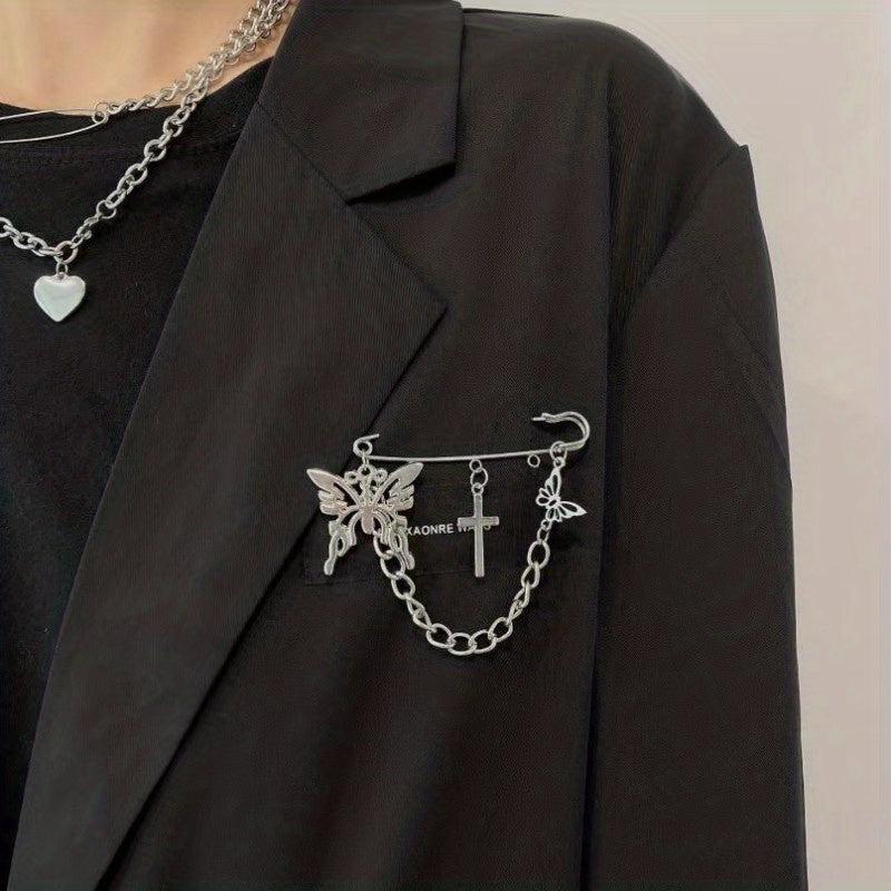 Butterfly Cross Chain Brooch Minimalist Tassel Pin