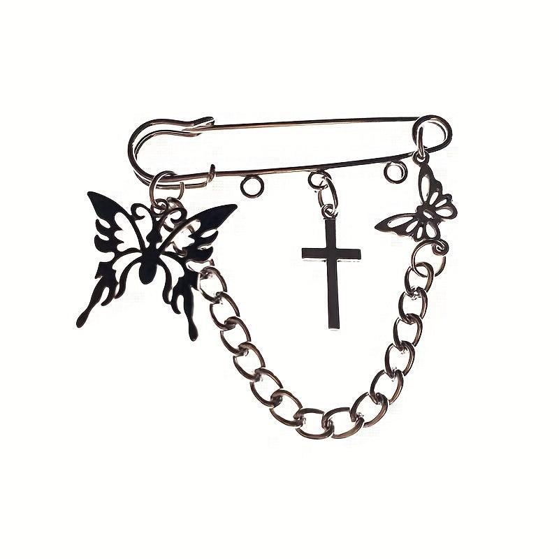 Butterfly Cross Chain Brooch Minimalist Tassel Pin