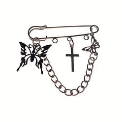 Butterfly Cross Chain Brooch Minimalist Tassel Pin