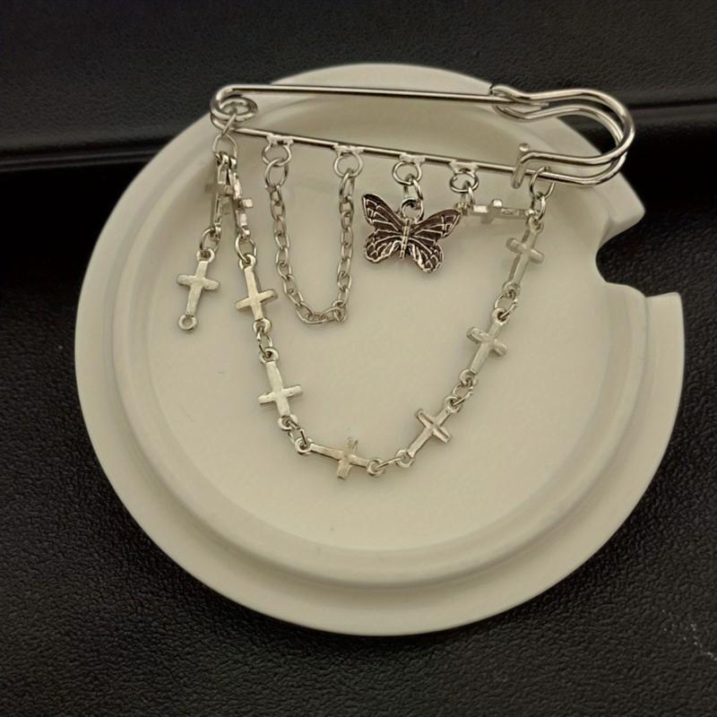 Butterfly Cross Chain Brooch Minimalist Tassel Pin