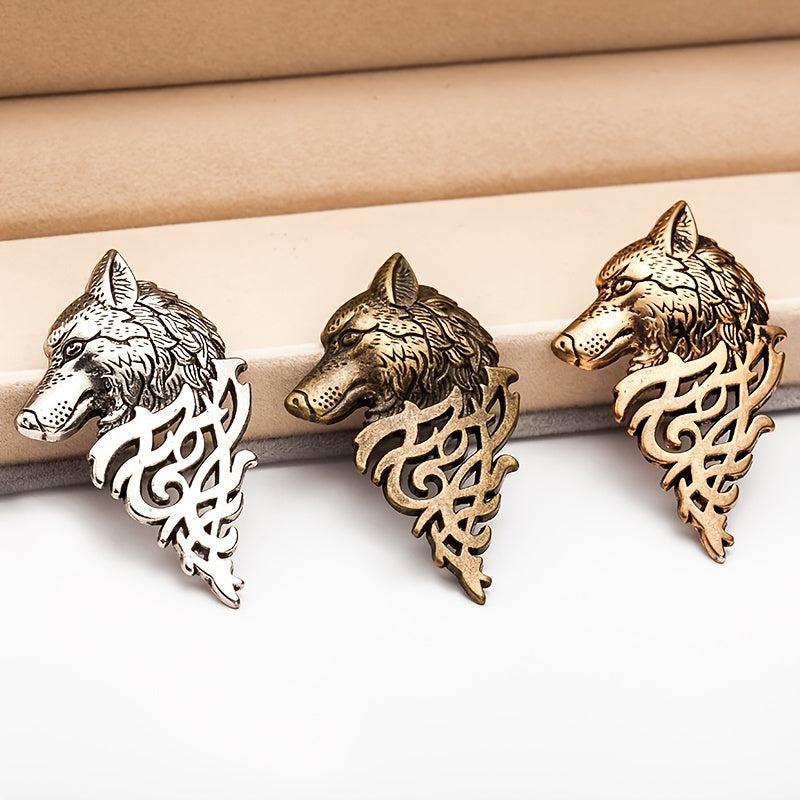 Retro Men's Wolf Head Brooch Pin Collar Accessory