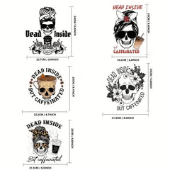 5pcs Dead Inside But Coffeinated Skull Iron On Transfer Stickers