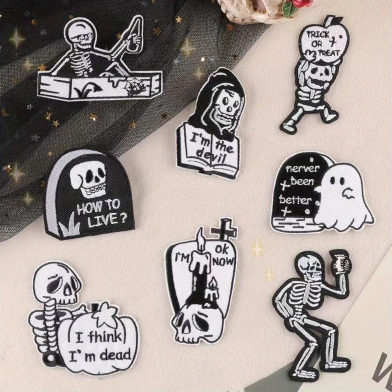 8pcs Skull Embroidery Patches Cloth Stickers For Men