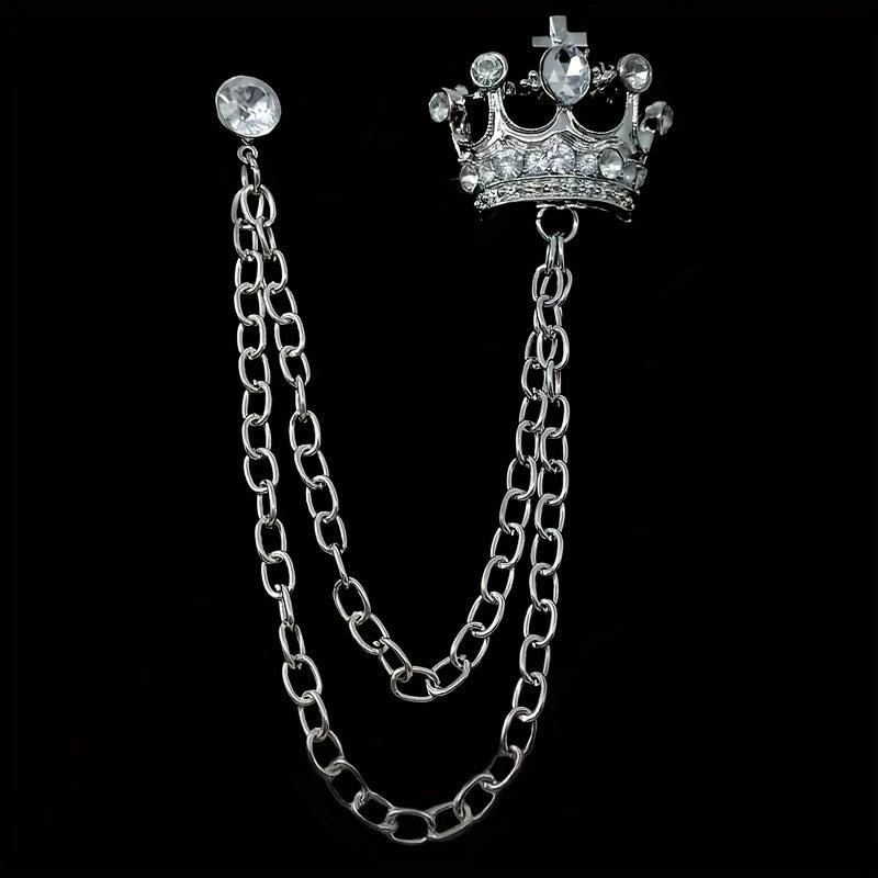 Men's Rhinestone Crown Tassel Chain Brooch Pin
